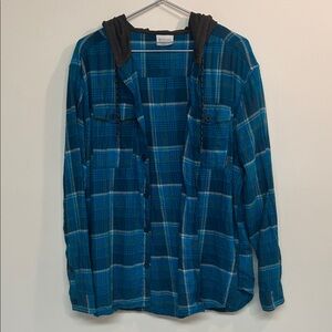 Columbia Teal and Yellow Plaid Shirt with Hood